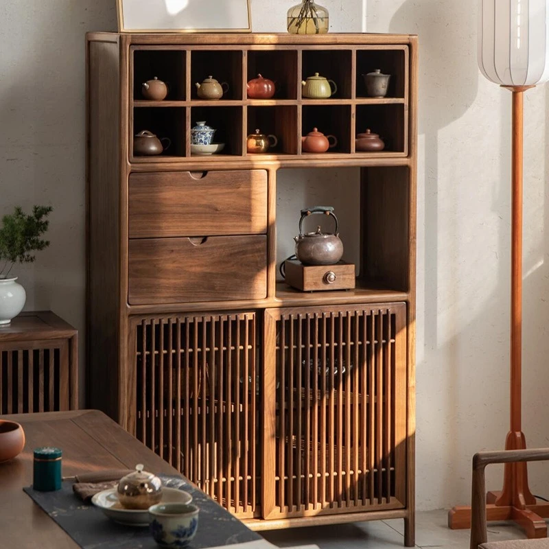 

New Chinese Solid Wood Tea Set Duobao Grid Side Cabinet North American Black Walnut Bookshelf