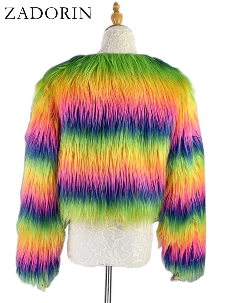 ZADORIN Fashion Colorful Rainbow Hairy Faux Fur Coat Women Crop Top 2024 Autumn Winter Fluffy Cropped Jacket Festival Clothing