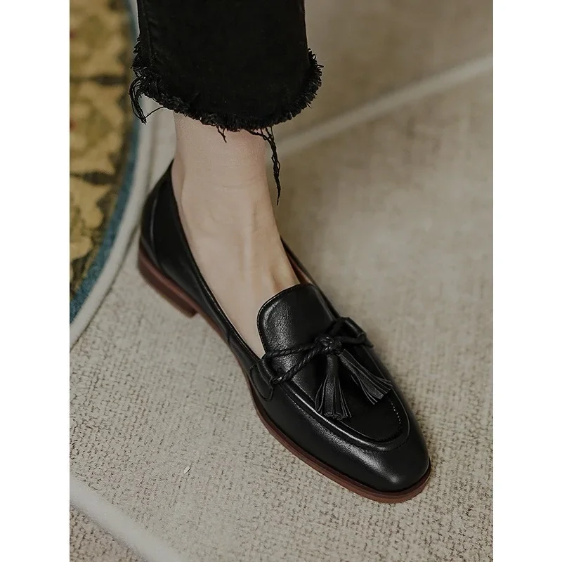 Retro British Style Square Head Women\'s Loafers Shoes 2024 Summer New Style Tassel Comfortable Single Shoes Women Brown Shoes