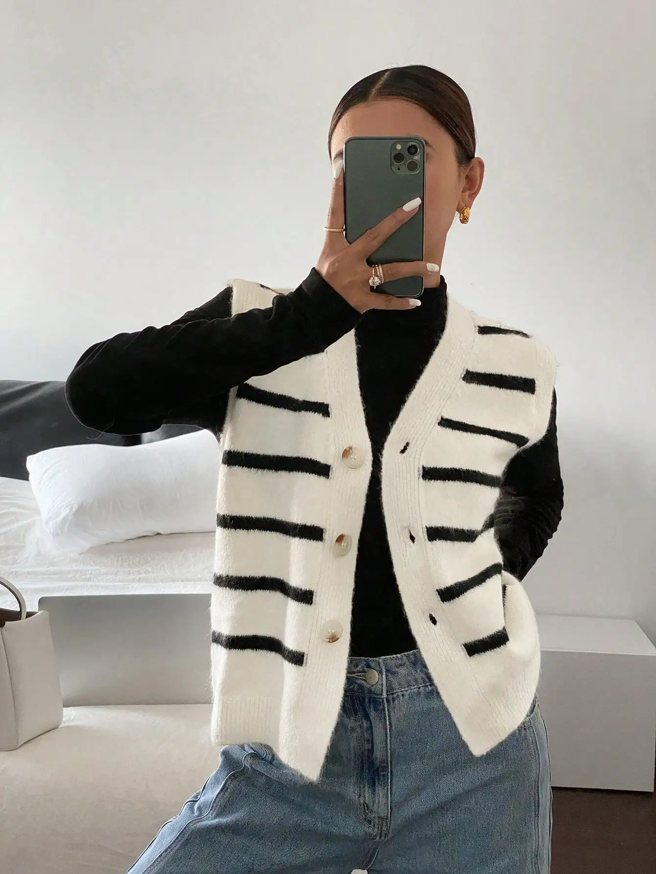 Women's Striped Knit Sleeveless Vest - Casual Cardigan with Button Front