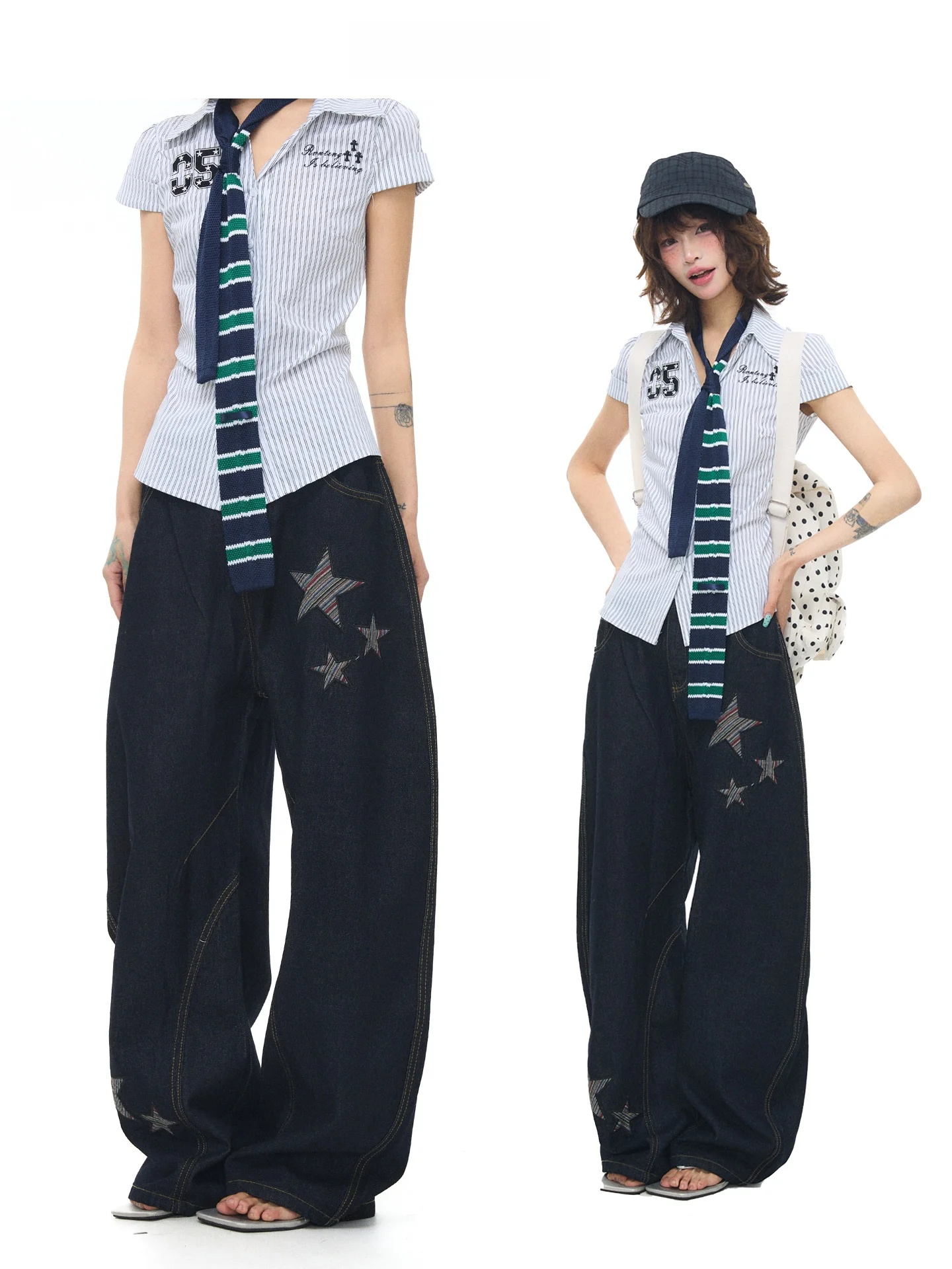 

Женские широкие джинсы Astrsk Korean Sle с вышивкой, свободного кроя, оригинальные синие, с эффектом похудения, длиной в пол