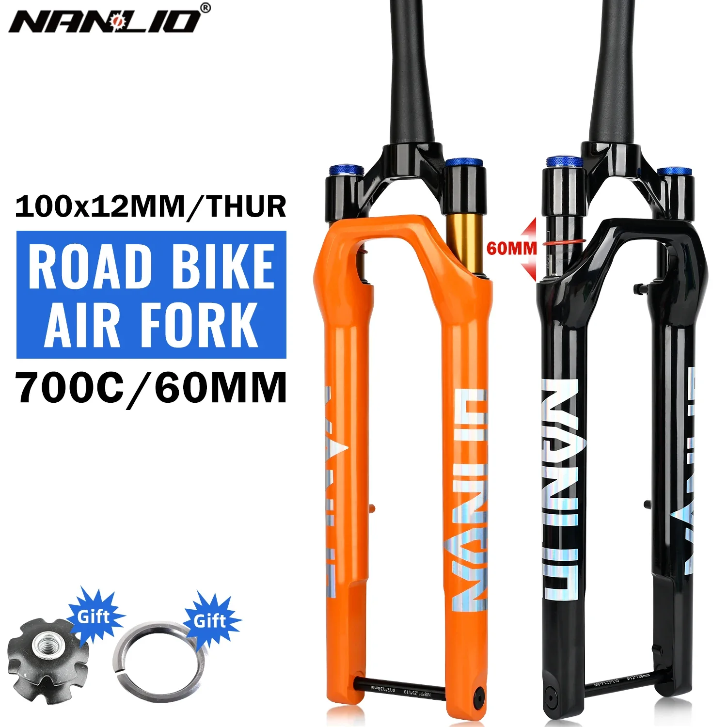 

Nanlio 700C Suspension Fork 45mm Offset 60mm Travel Gravel Bicycle Fork Tapered 100*12mm Thru Axle Disc Road Bike Fork Cycling