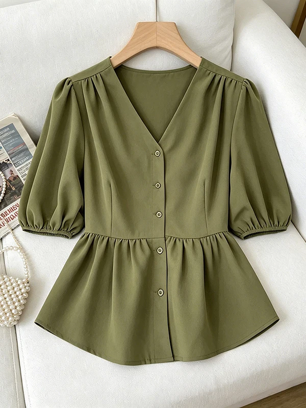 

plus Size Green V-Neck Short Sleeve Shirt Women's Summer New Style Puffy Top Skin-Friendly Breathable Korean Style Commute
