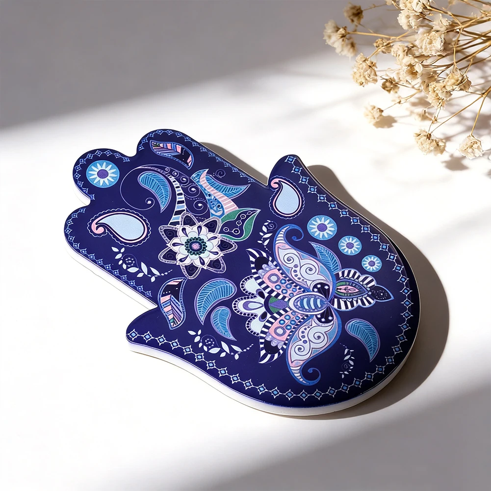 Böhmischer Blumen-Hamsa-Hand Keramik-Untersetzer mit Korkrückseite Hitzebeständige Rutschfeste Matte für Zuhause Büro Kaffee Deko Geschenk – Detail 3