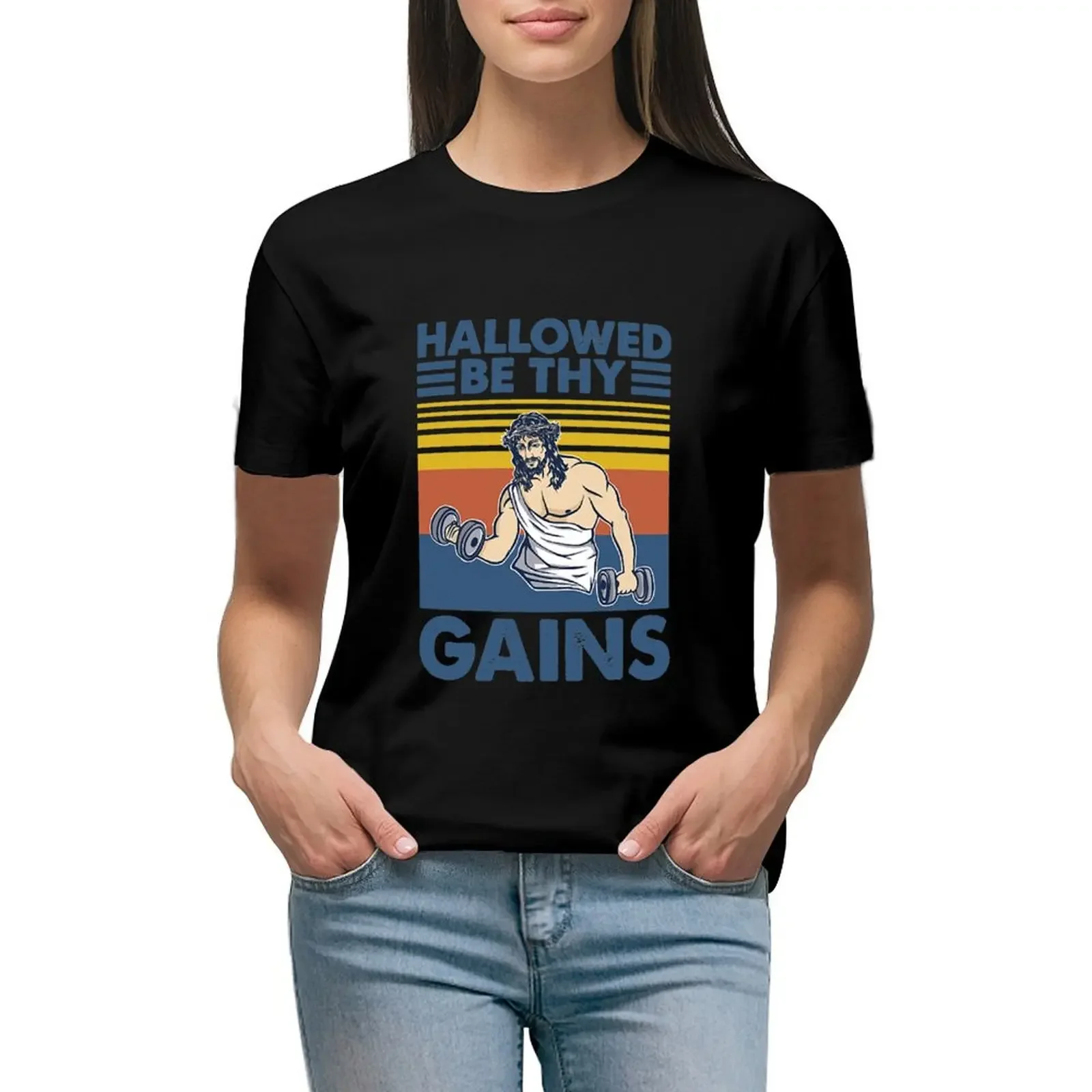 

Hallowed Be Thy Gains Jesus Gym Vintage T-Shirt plus sizes kawaii clothes Female clothing customizeds Womens graphic t shirts