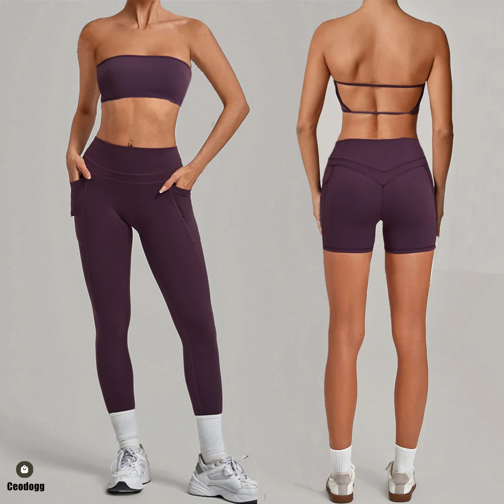 2PCS Sports Tube Bra Women's Yoga Set Gym Workout Pocket Butt Lifting Pants Outdoor Fitness Legging Two Piece Active Suits XP40