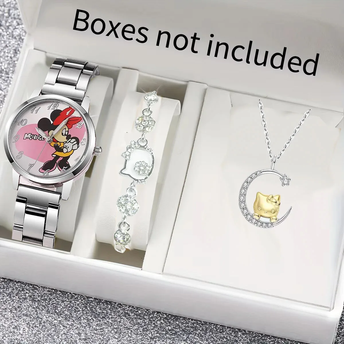 Jam Tangan Wanita Disney Mickey 3 Buah/Set Jam Tangan Kuarsa Tali Baja Bercahaya Penunjuk Mickey Mouse Kartun Kalung Gelang Hello Kitty