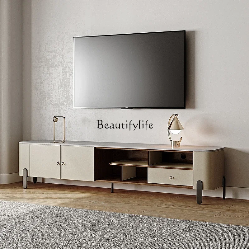 

08Solid wood saddle leather TV cabinet Italian light luxury small apartment living room French