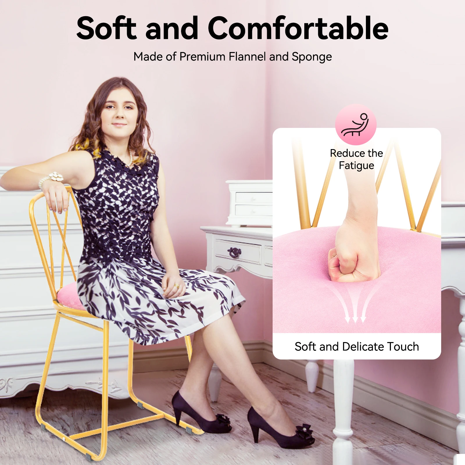 كرسي زينة ذهبي مع وسادة، مقعد مكياج وردي لغرفة الملابس، غرفة النوم، سعة 220 رطل، مسند ظهر منجد #2