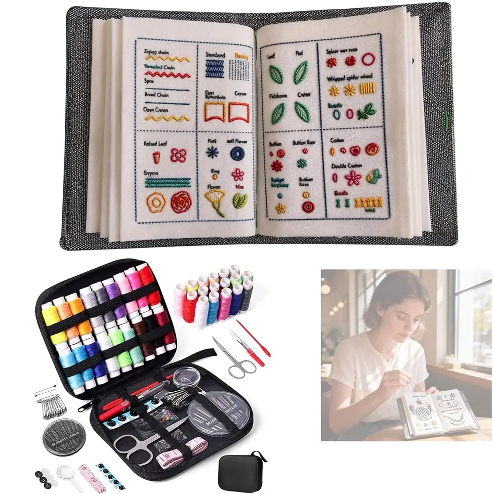 

Embroidery Stitch Book with Sewing Kit - Learn 115+ Essential Stitches,Portable Beginner's Needlework Set for Crafting, Mend
