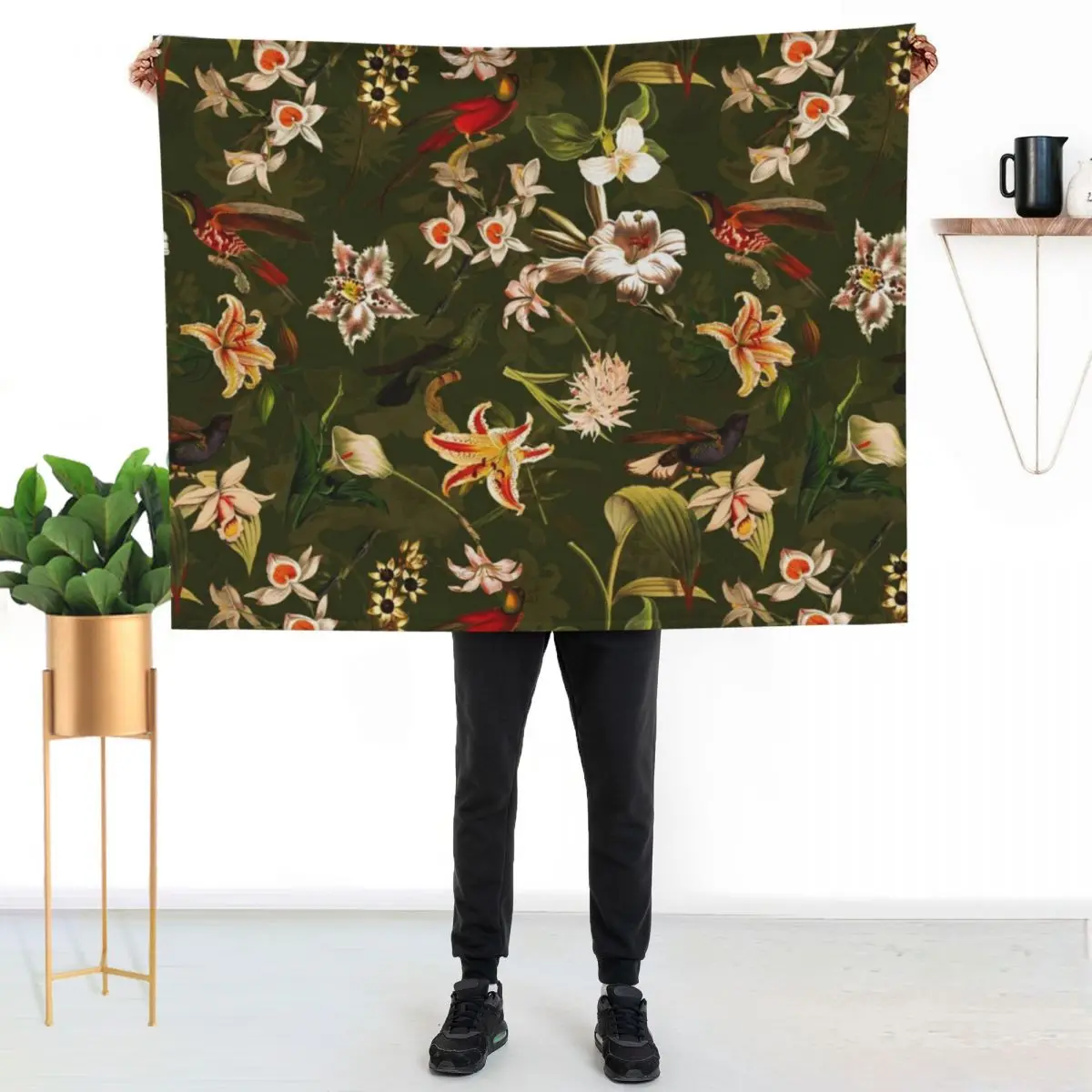 Pierre Joseph Redoute vintage flowers and hummingbirds nostalgic seamless safari green pattern Throw Blanket Furrys Blankets
