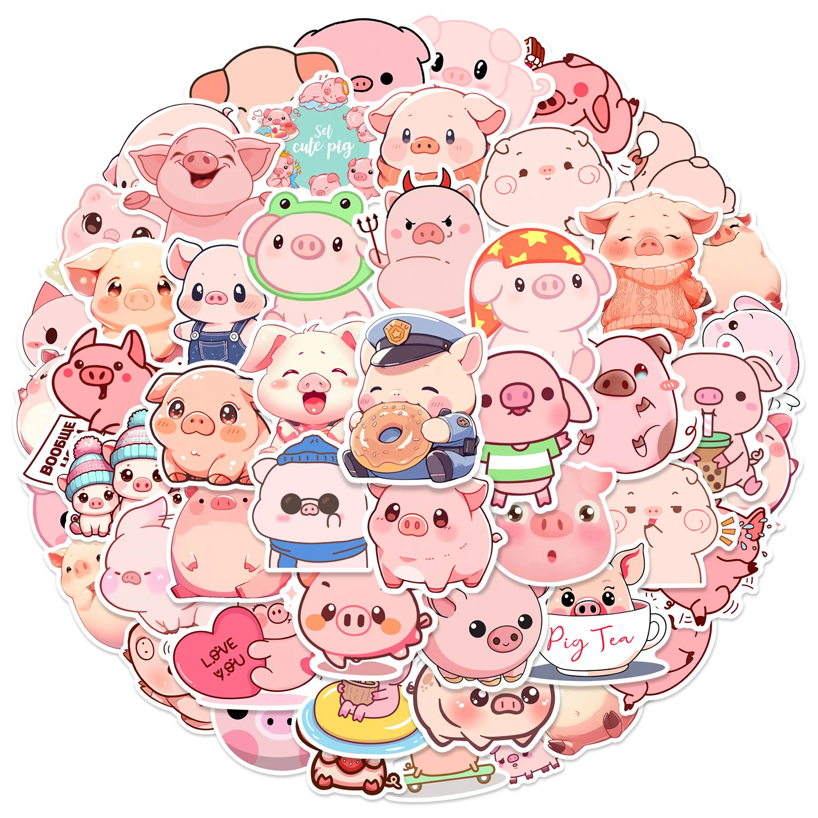 50pcs Cute Little Piggy Cartoon Graffiti Animals Stickers Phone Guitar Laptop Suitcase Water Bottles Waterproof Sticker Gift