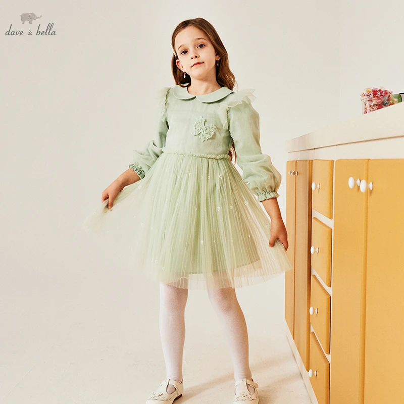 

DK1230413 Dave Bella Spring Girl's Fashion Soild Green Mesh Draped Dress Children Sweet Dress Kids Infant Lolita Clothes