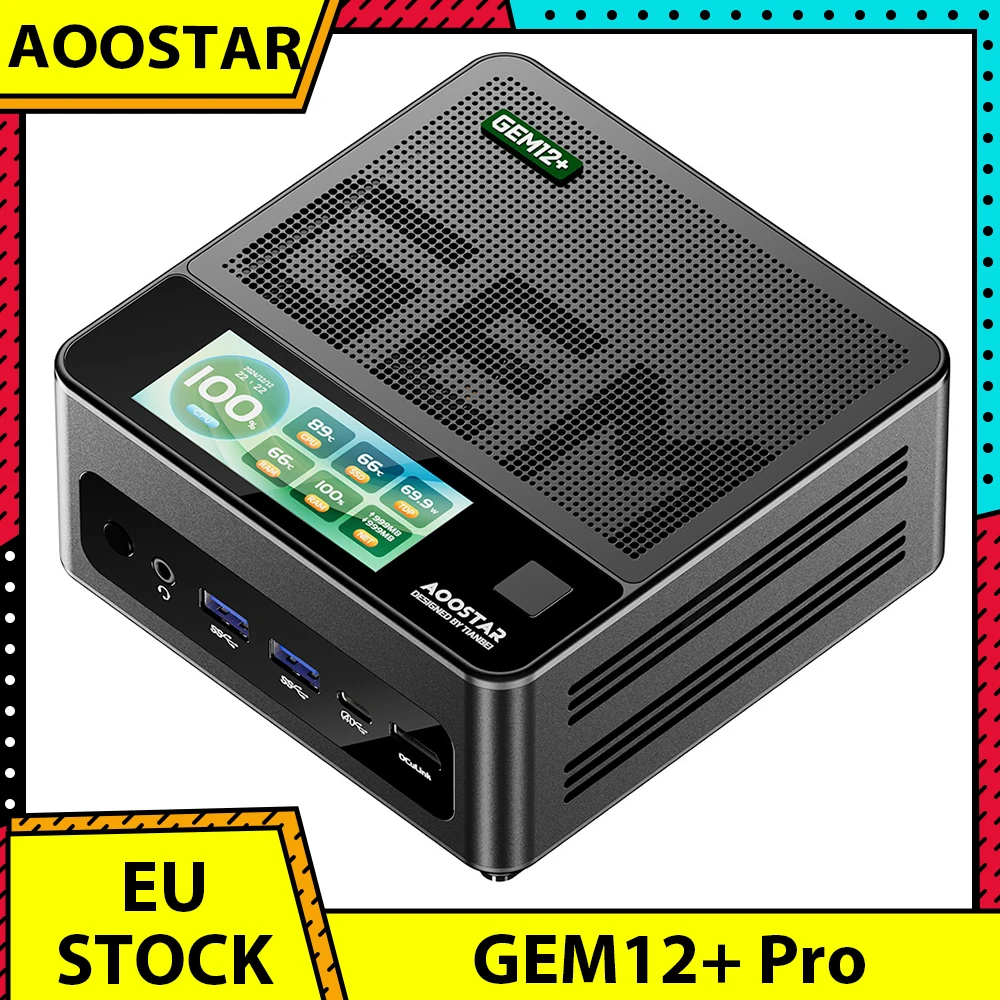 Mini PC Barebone AOOSTAR GEM12+ Pro avec écran, sans RAM ni SSD, déverrouillage par empreinte digitale, AMD Ryzen 7 Pro 8845HS 8 cœurs Max 5.1GHz