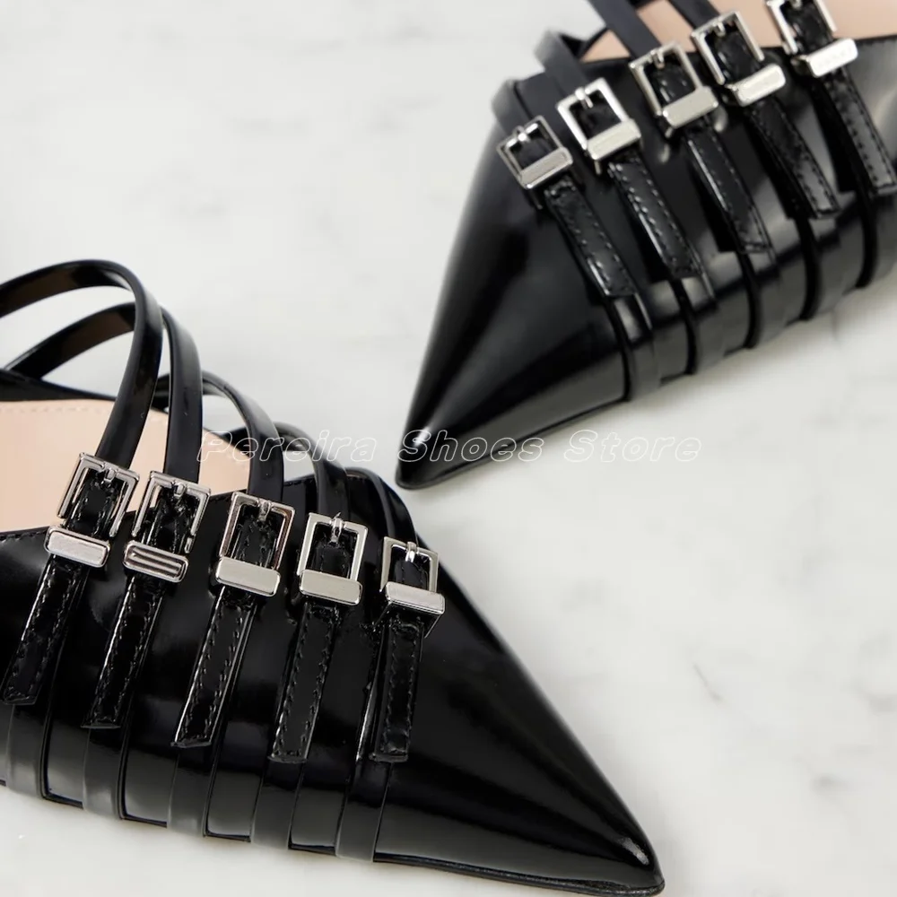 Black Patent Leather Slingback Pumps Pointed Toe Ankle Buckle Strap 2024 New Arrivals Mental Button Design Ladies Shoes