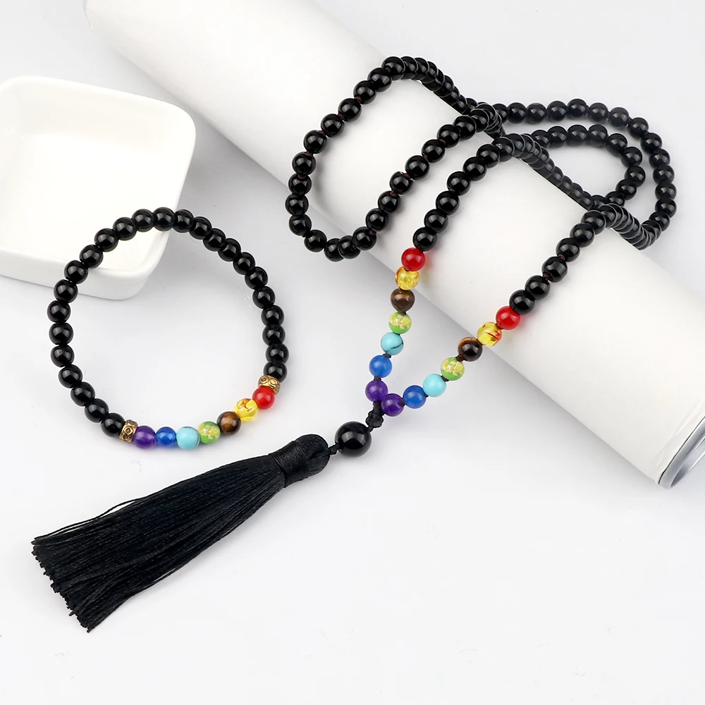 7 Chakra 108 Mala Beads Knotted Necklace Shiny&Matte Black Onyx Men Bracelet Fashion Women Tassel Rosary Meditation Jewelry Set view 4