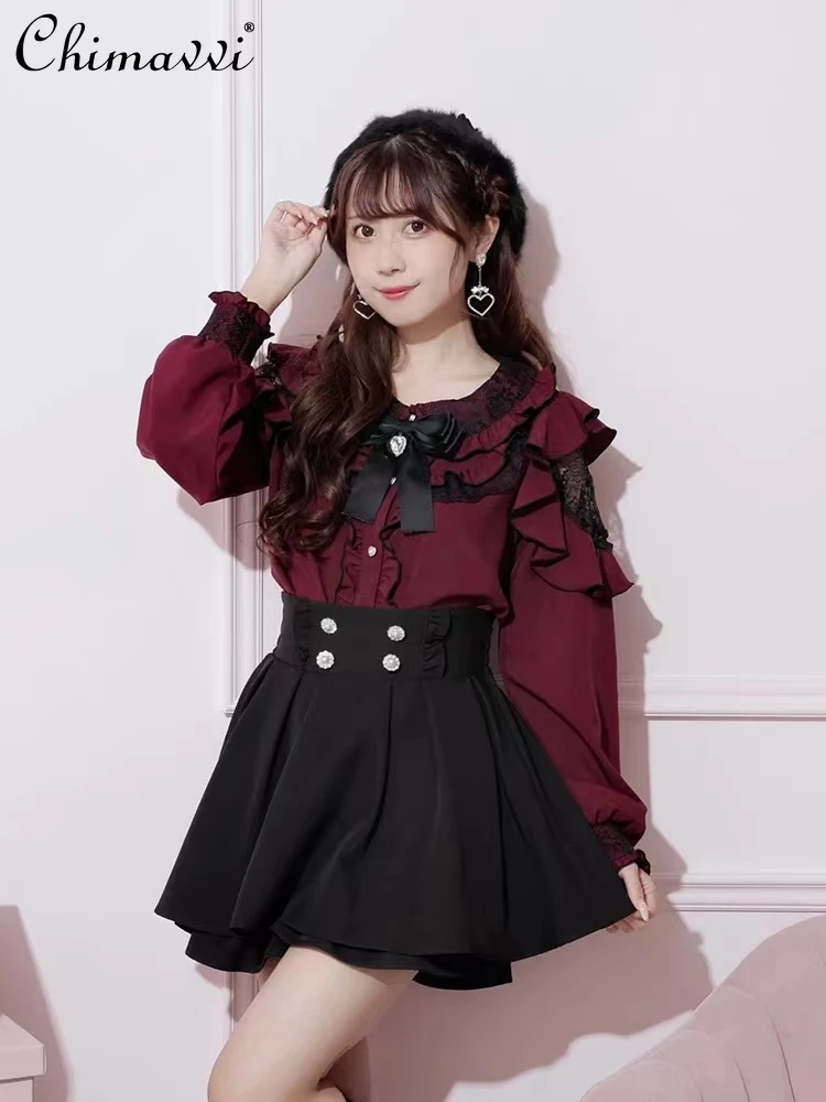 

Japanese Mine Style Lolita Lace Ruffled Off-the-Shoulder Shirt Girl Long Sleeve Sweet Loose Student Elegant Blouse Women's Top