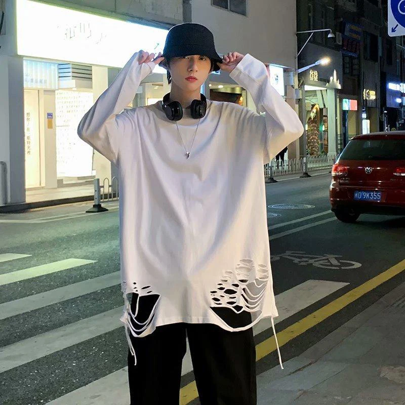 Spring Distressed Men O Neck Long Sleeve Sweatshirt Highstreet Vintage Inner Layered Hip Hop Punk Loose Clothes Tops Black White