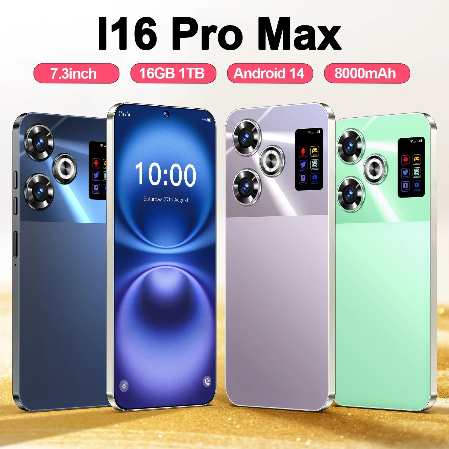 Original i16 Pro Max Smartphone 22GB+2TB 5G 7.3inch Snapdragon 8gen3 Cell Phone Dual SIM MobilePhones 8000mAh Android 14 NFC