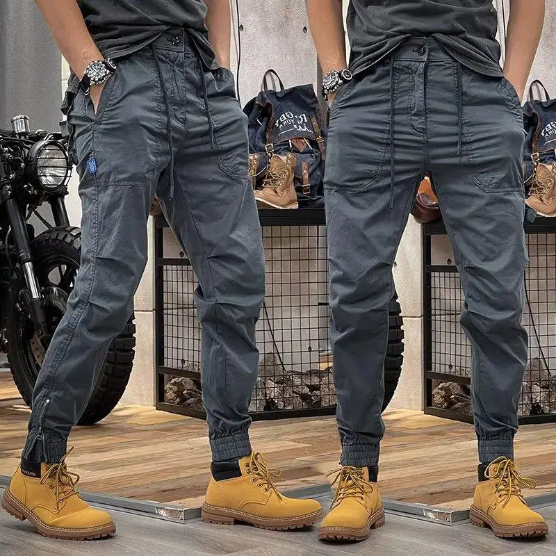 American Outdoor Sports Retro Outdoor Hip-hop Work Pants Men\'s Elastic Waist Zipper Simple Large Pocket Lace Up Casual Pants