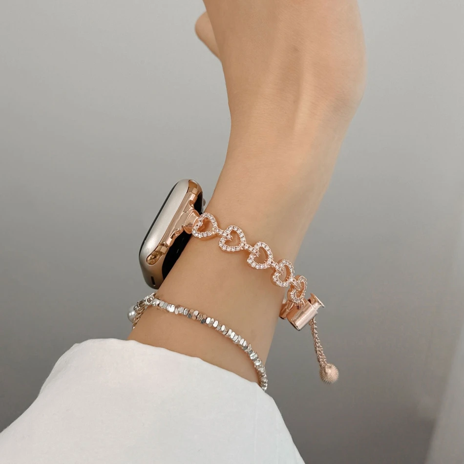 الفاخرة القلب الماس الإسورة حزام ل أبل iWatch سلسلة 10 9 8 7 6 5 4 SE الترا الفرقة 38/40/41/42/44/45/46/49 مللي متر سوار معدني