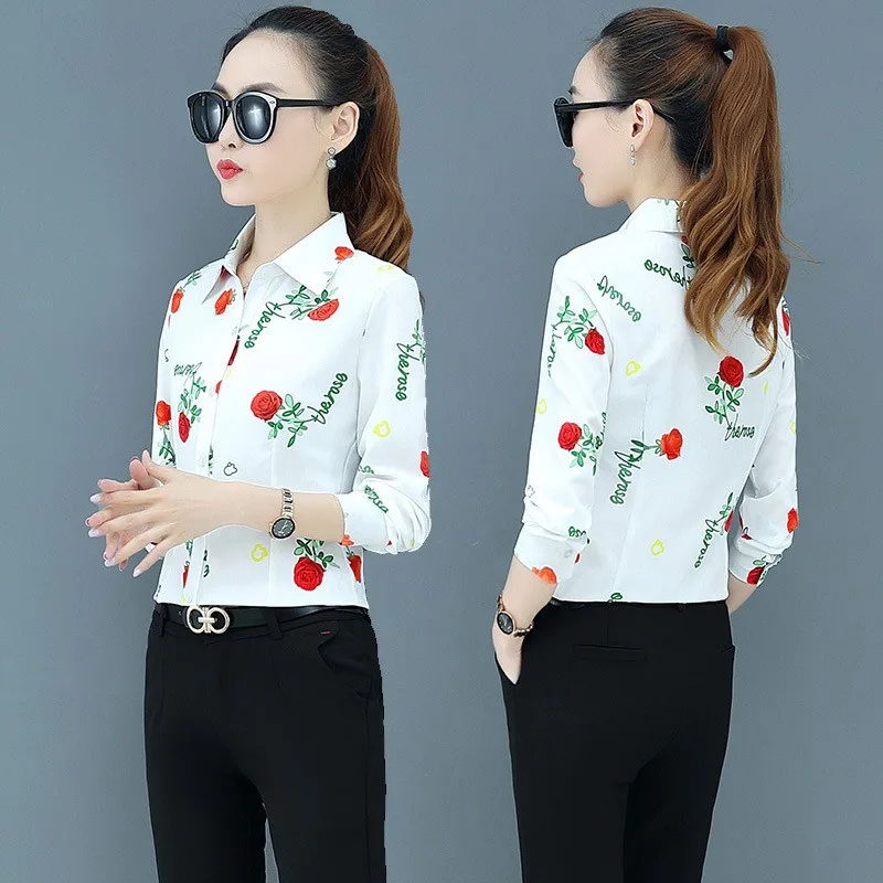 

Весенне-осенняя женская одежда, блузка с длинными рукавами и принтом, прямой крой, топ с отложным воротником для женщин, ткань из смеси полиэстера