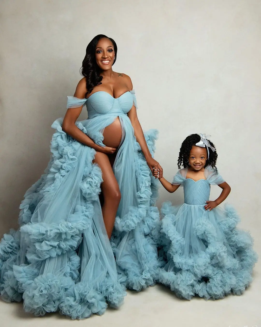 custom Blue Tulle Maternity Gown Mother and Daughter Photoshoot Dress Long Fluffy Pregnancy Ruffled Photography Dresses#18732