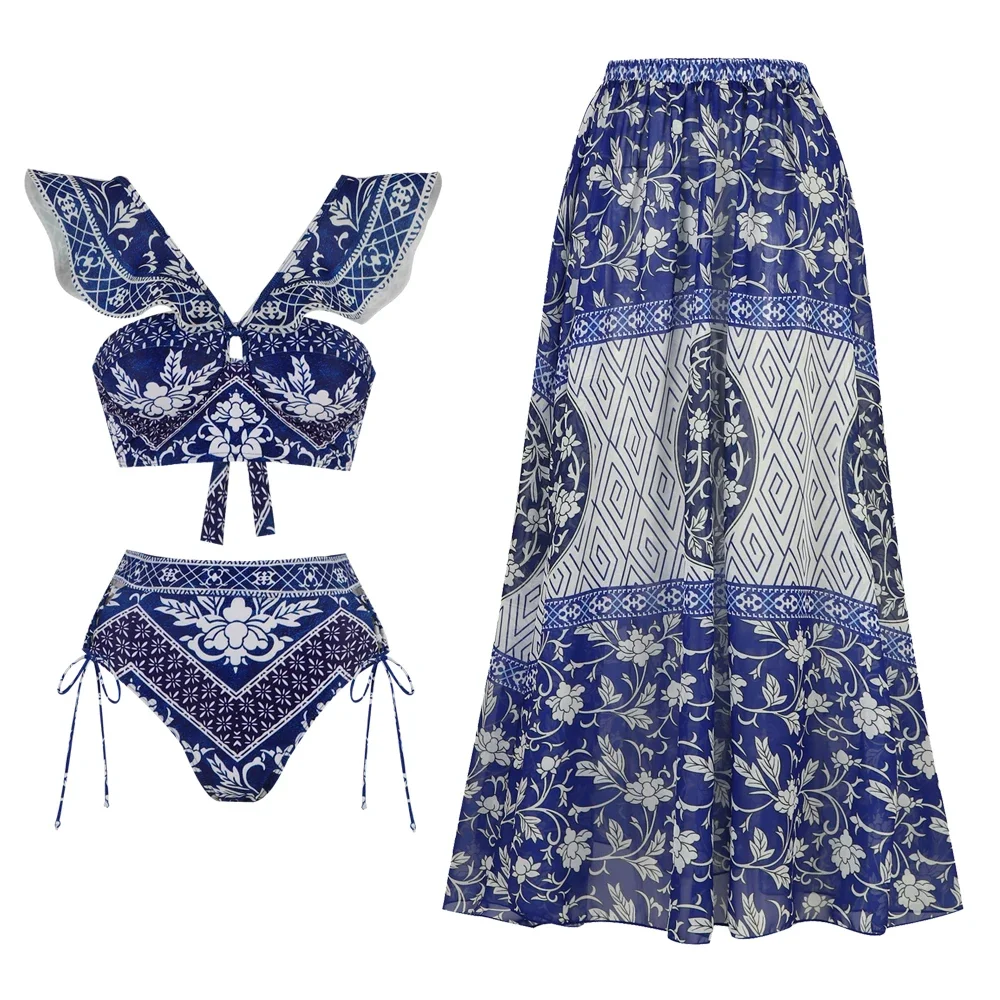 

V Neck Ruffle Bikini Swimsuit High Waist Swimwear for Women Halter Cut Out Two Piece Bathing Suits Print Summer Female