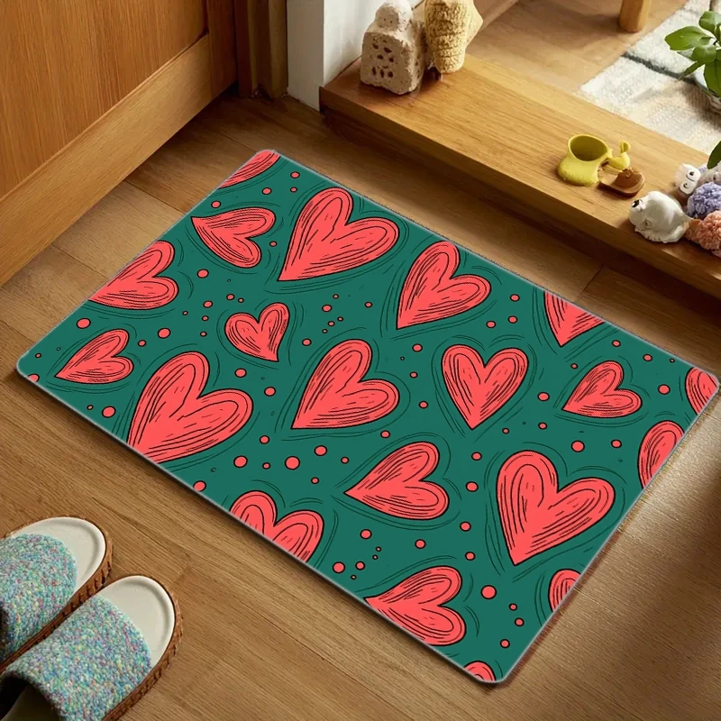 1pc Luxury Compatible for Living Room Bedroom Entryway - Deep Green with Red Heart, Soft Thick Pile Machine