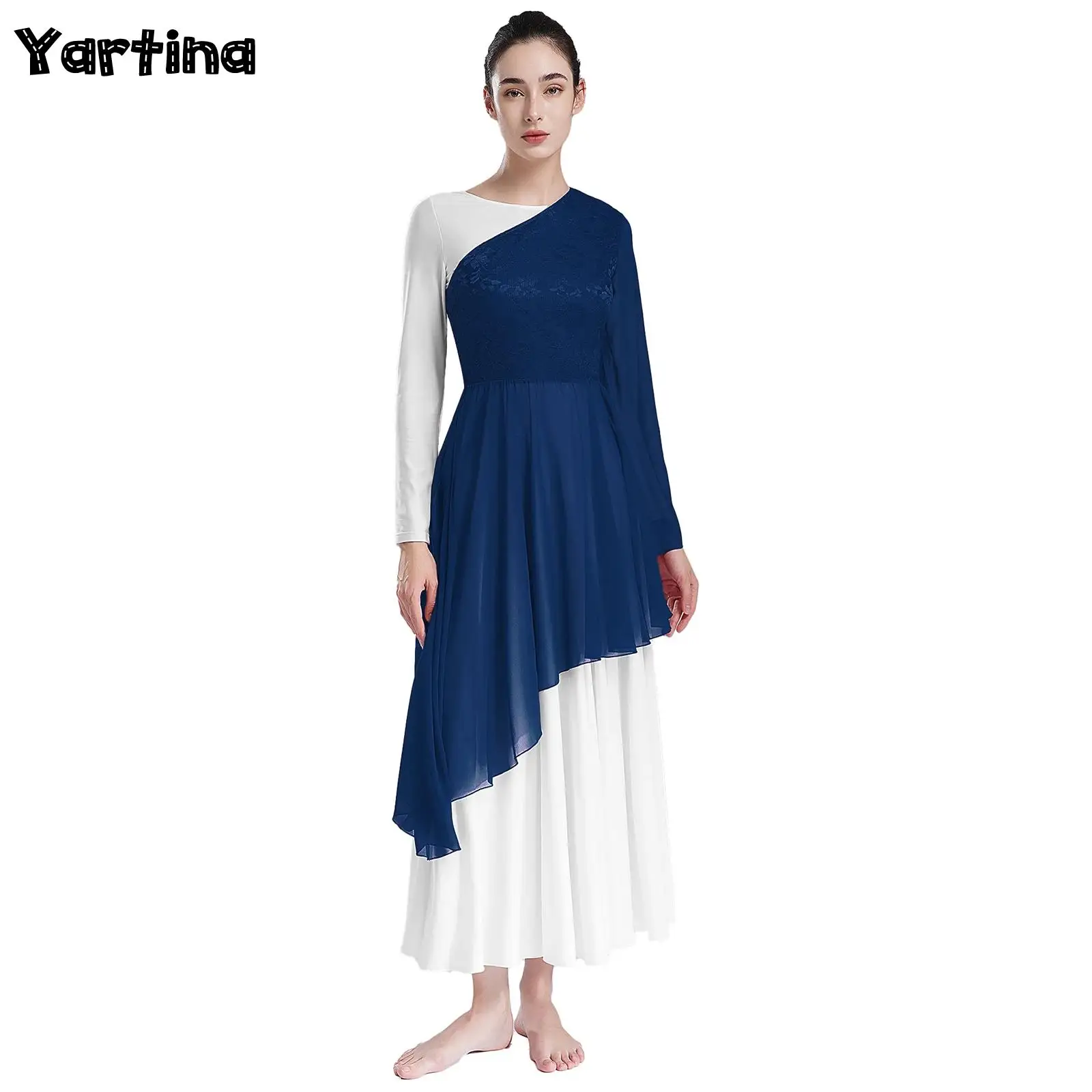 Womens Liturgical Praise Ballet Lyrical Dance Costume One Shoulder Asymmetrical Flared Sleeve Worship Dance Overlay Tunic Dress