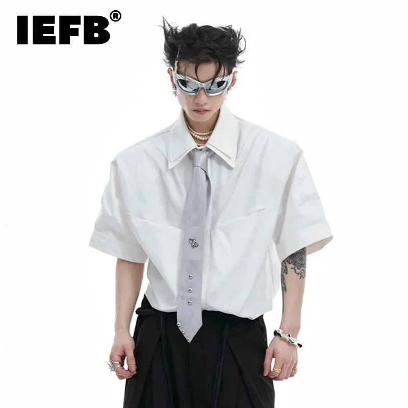 

IEFB Niche Doublelayer Collar Pleated Design Shoulder Pads Short Sleeved Shirt 2024 Solid Color Casual Male Tops Fashion 24E1286