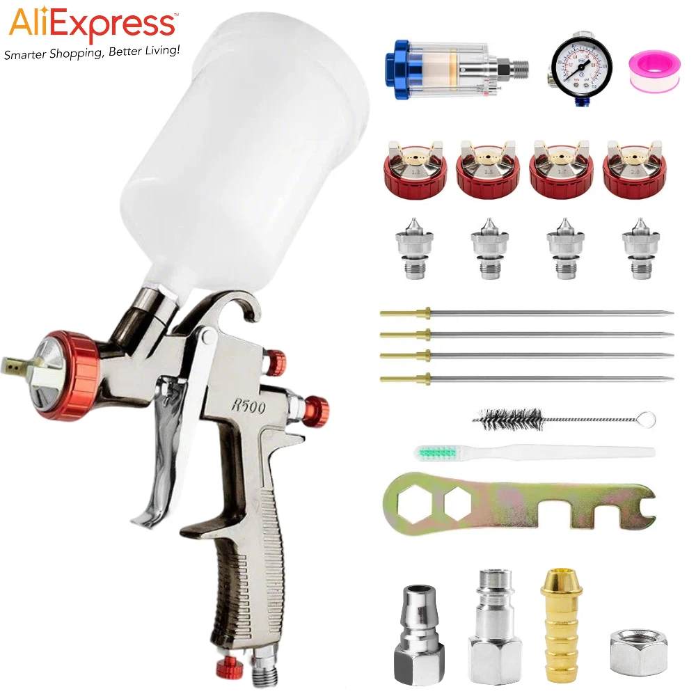 R500 LVLP Spray Gun W/ 1.3/1.5/1.7/2.0mm Tips, with Air Pressure Regulator & Oil-Water Separator, for Painting House, Car, Furni
