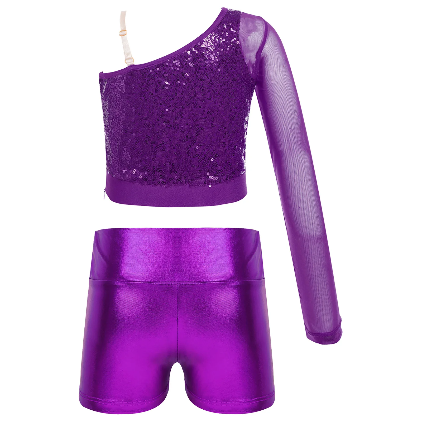 Kids Girls Dance Outfit Sequins Sheer Mesh Long Sleeve One Shoulder Dance Top with Metallic Shiny High Waist Shorts