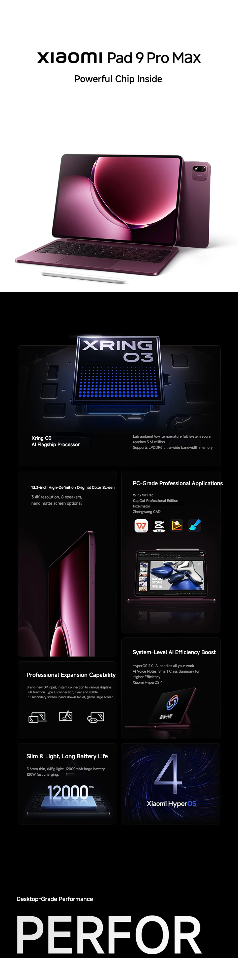 2026 Xiaomi Pad 9 Pro Max 13.3-inch 3.4K Xuanjie O3 AI Flagship Processor Xiaomi Surge OS 4 144Hz 1000 nits 12,000 mAh Tablet