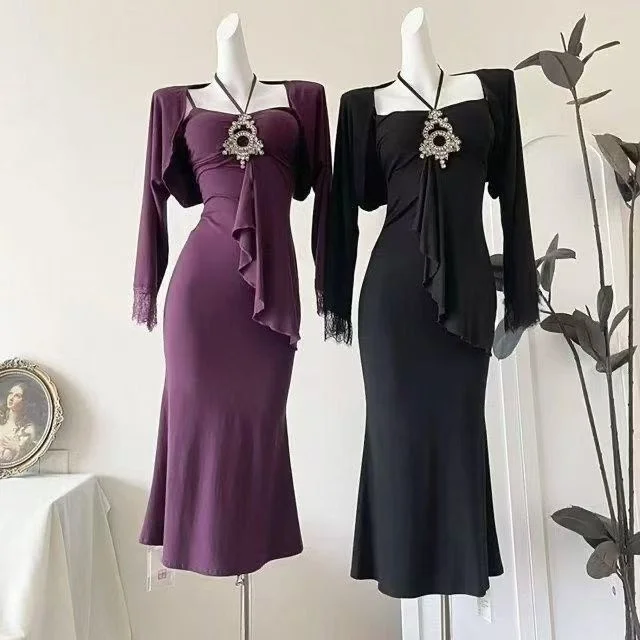 Elegant Fish Tail Lace Long Sleeve Dress Sexy Inner Wear Shoulder Strap Bodycon Two Piece Set Women's Summer Casual Sportswear