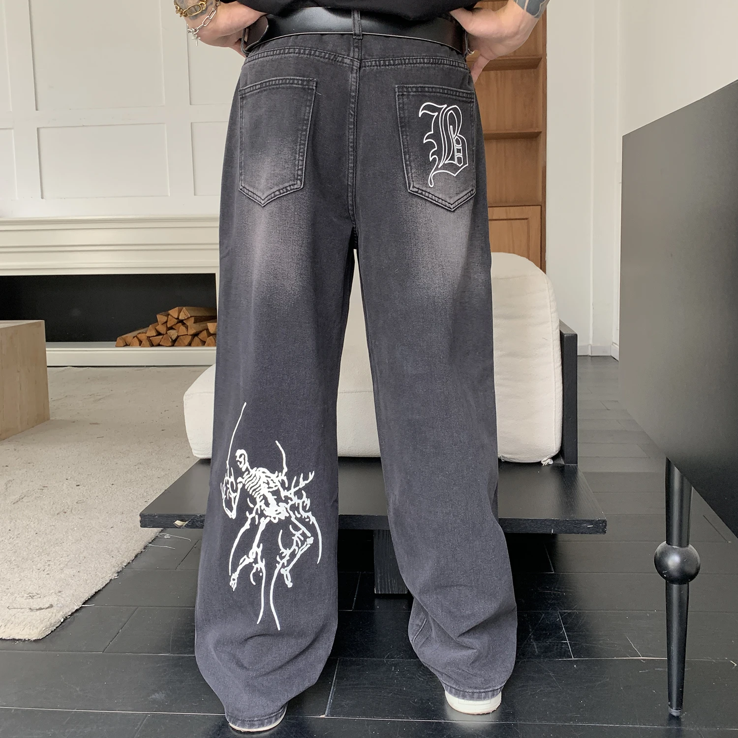 

Men's Anime Pattern Autumn Loose Wide Leg Jeans American Trend Retro Gothic Men Woman Baggy Straight Denim Pants Streetwear
