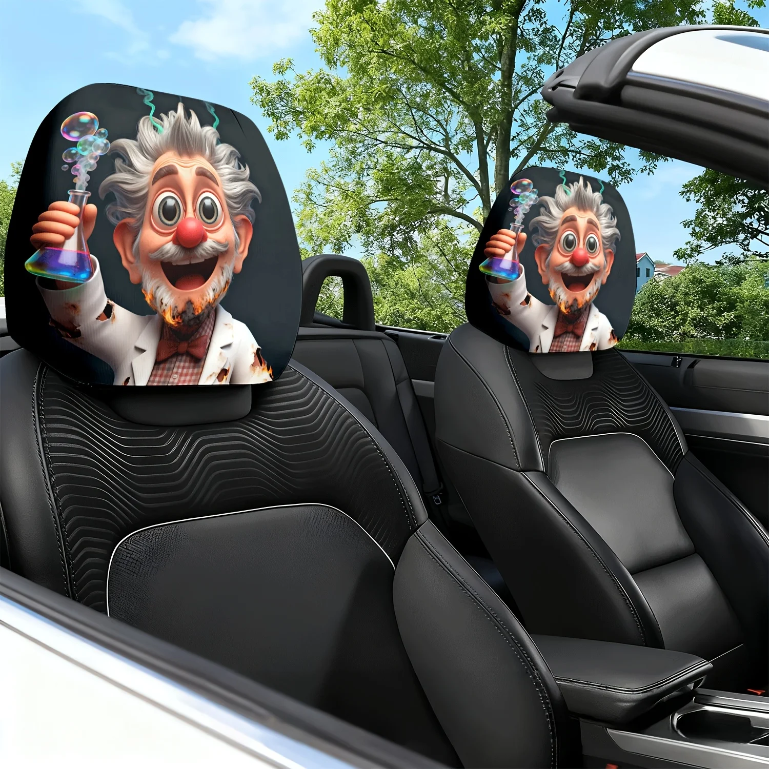 2 housses d'appuie-tête de voiture avec motif imprimé sur le thème de l'image d'un scientifique de dessin animé, coussin de siège de voiture, housse d'appuie-tête et de coussin de nuque - wit