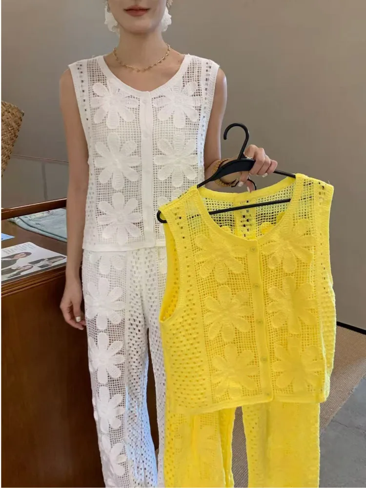 

Chic Women Knitted Suits Crochet Flower Hollow Out O-Neck Single Breasted Sleeveless Vest + Straight Long Pants Two-Piece Sets