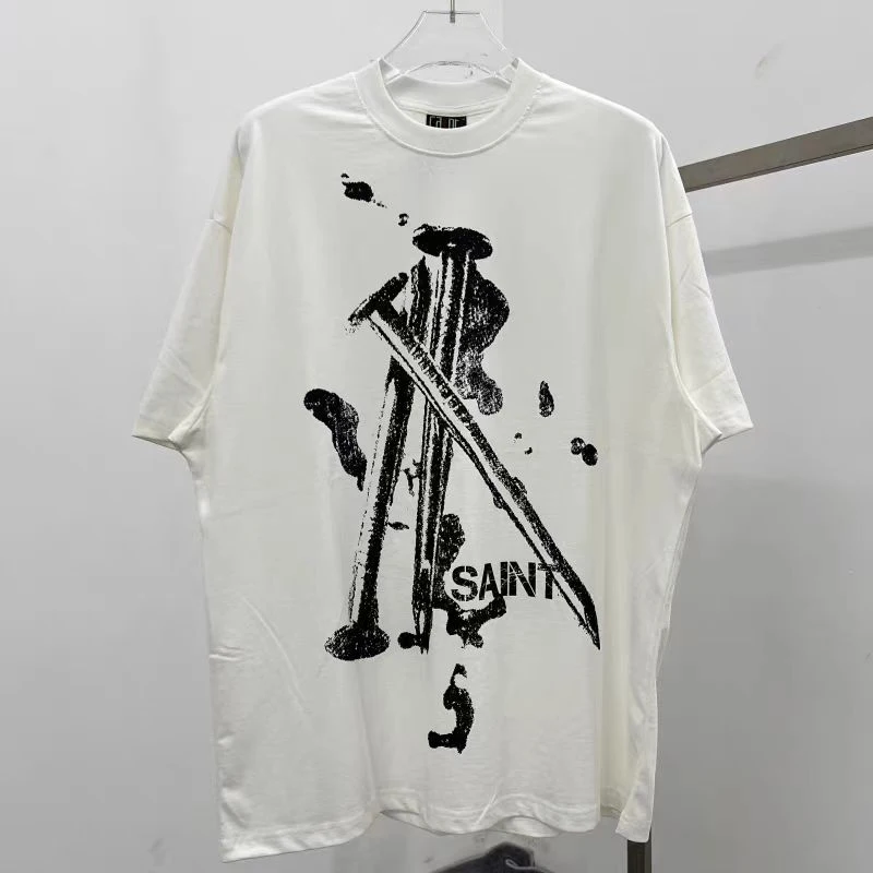 Good Quality Steel Nails Direct Spray Pattern Printing Saint T Shirt Men Woman Chaopai Summer Cotton White Tops Tee