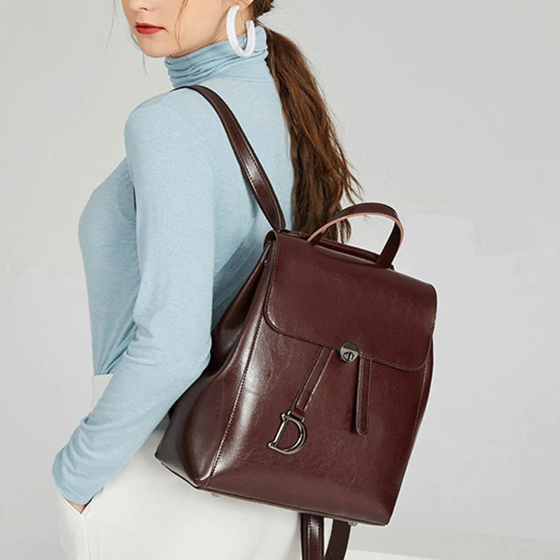 Genuine Leather Women\'s Backpack Retro College Style Girls Shoulder Bag High Quality Cowhide School Bags Large Capacity Tote Bag