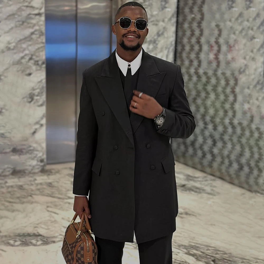 

Black Men's Suits Formal Double Breasted Peak Lapel Long Jacket With Pants Formal Business 2 Piece Jacket Pants Blazer Costume