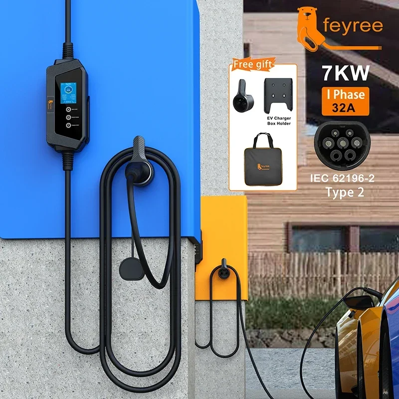 feyree Smart Portable EV charger Type2 Cable 32A 7KW Fast Charging for Electric Car with Adjusting Current Setting Charging Time