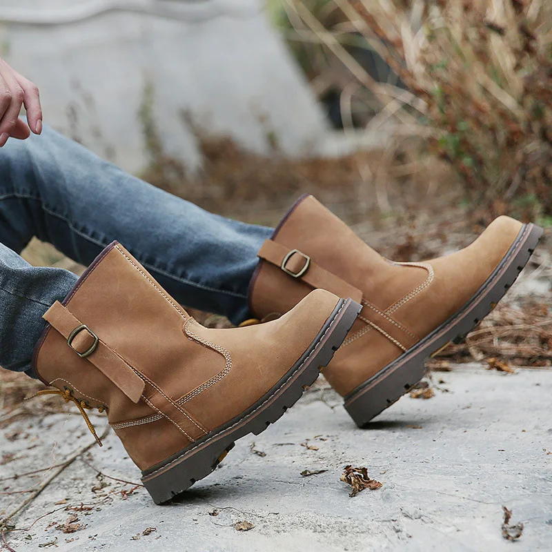 Cowhide outdoor short motorcycle boots men and women trend anti-skid horse boots trend vintage riding leather shoes waterproof