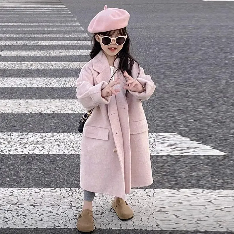 Girls Woolen Coat Overcoat Jacket Windbreak 2023 Pink Warm Thicken Winter Cotton Teenagers Outwear Children\'s Clothing