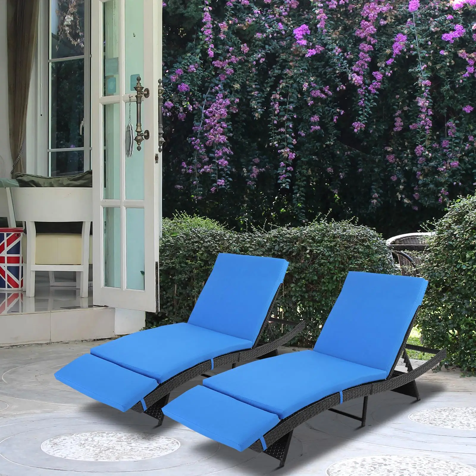 193x68x33cm S-Shape Iron Frame Bed with Black Embossed Blue Cushion & Woven Rattan Design