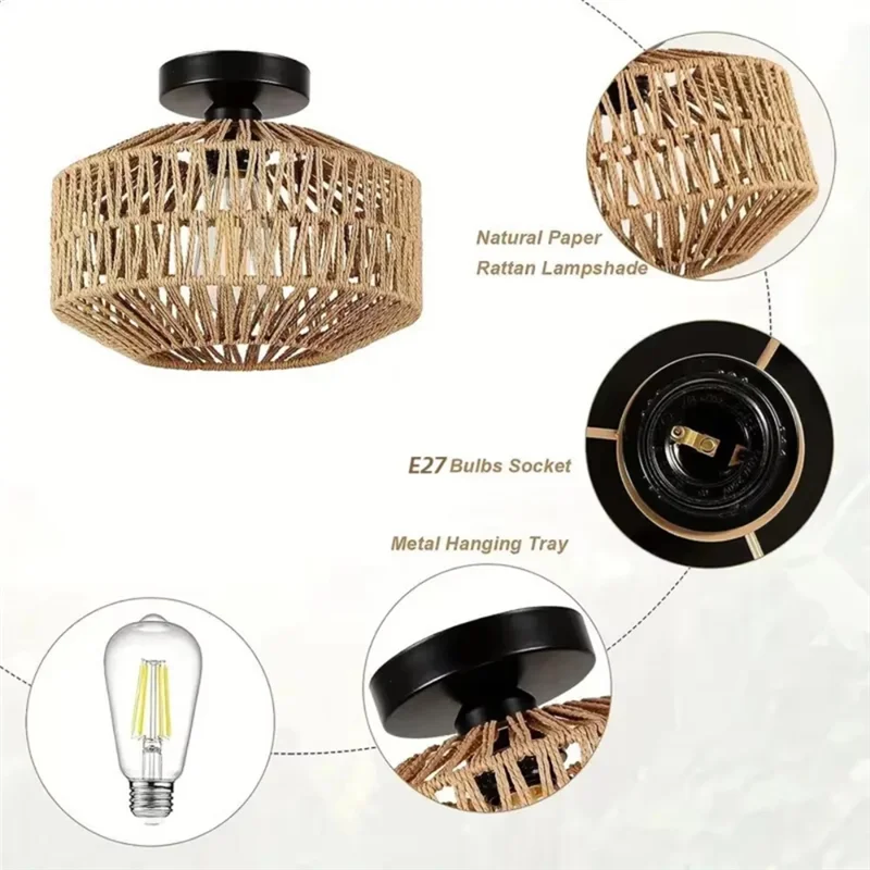 

AB47-Rustic Café Ceiling Light–French Farmhouse Retro Chandelier With Wrought Iron Frame And Handwoven Straw& Jute Shade