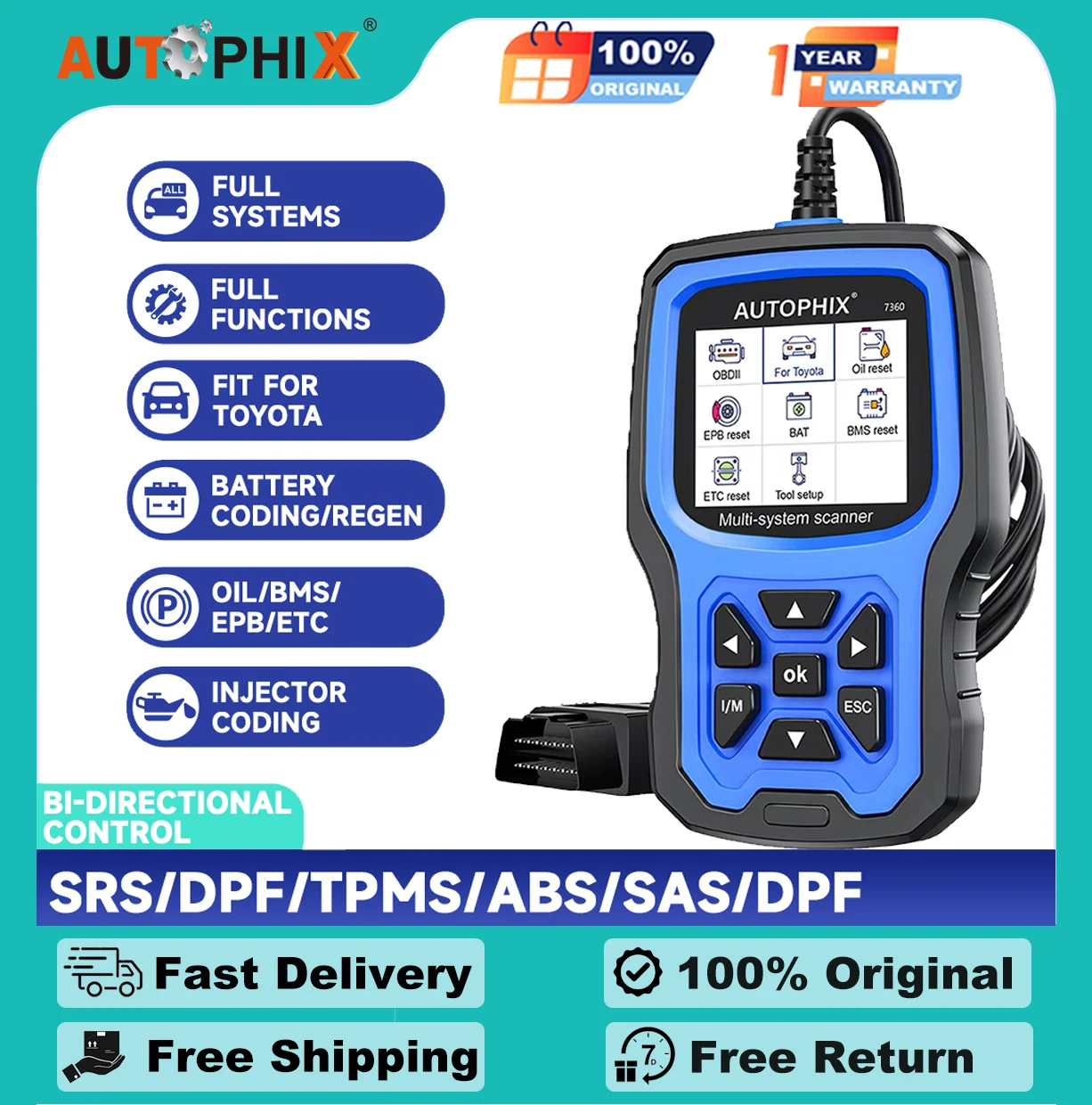 AUTOPHIX 7360 OBD2 Scanner Diagnostic Tool Auto Engine Code Reader ABS EPB SRS Oil BAT Reset OBDII All System Teter for Toyota