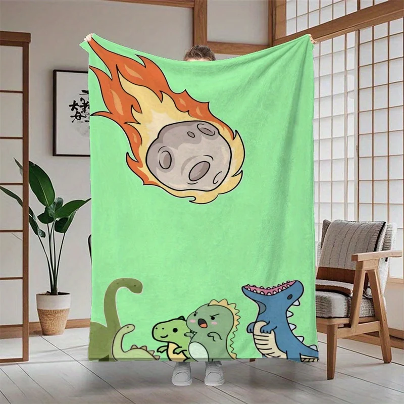 Cartoon Dinosaur and Burning Meteor Humorous Illustration Print Flannel Blanket, Perfect Gift for Family Parties, Exquisite