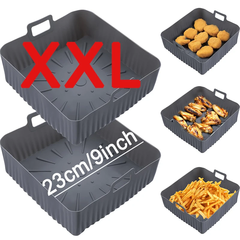 Large 23cm Air Fryer Silicone Basket 9 Inch XXL Airfryer Liners Molds Reusable Square Oven Baking Tray For Cosori Ninja 6-8QT