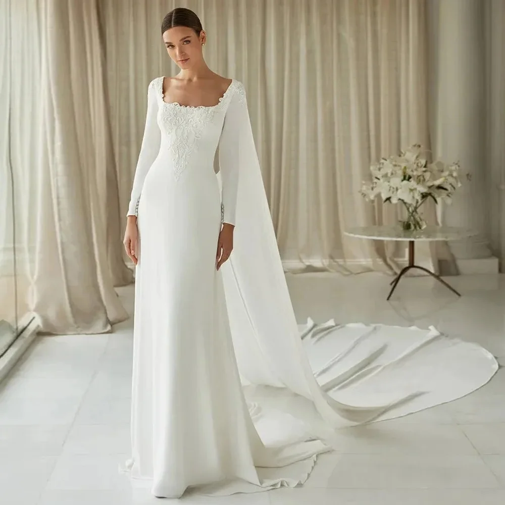 Customized Elegant Square Collar Brush Train Wedding Dress with Full Sleeve Length Appliques Vestido De Casamento Personalized